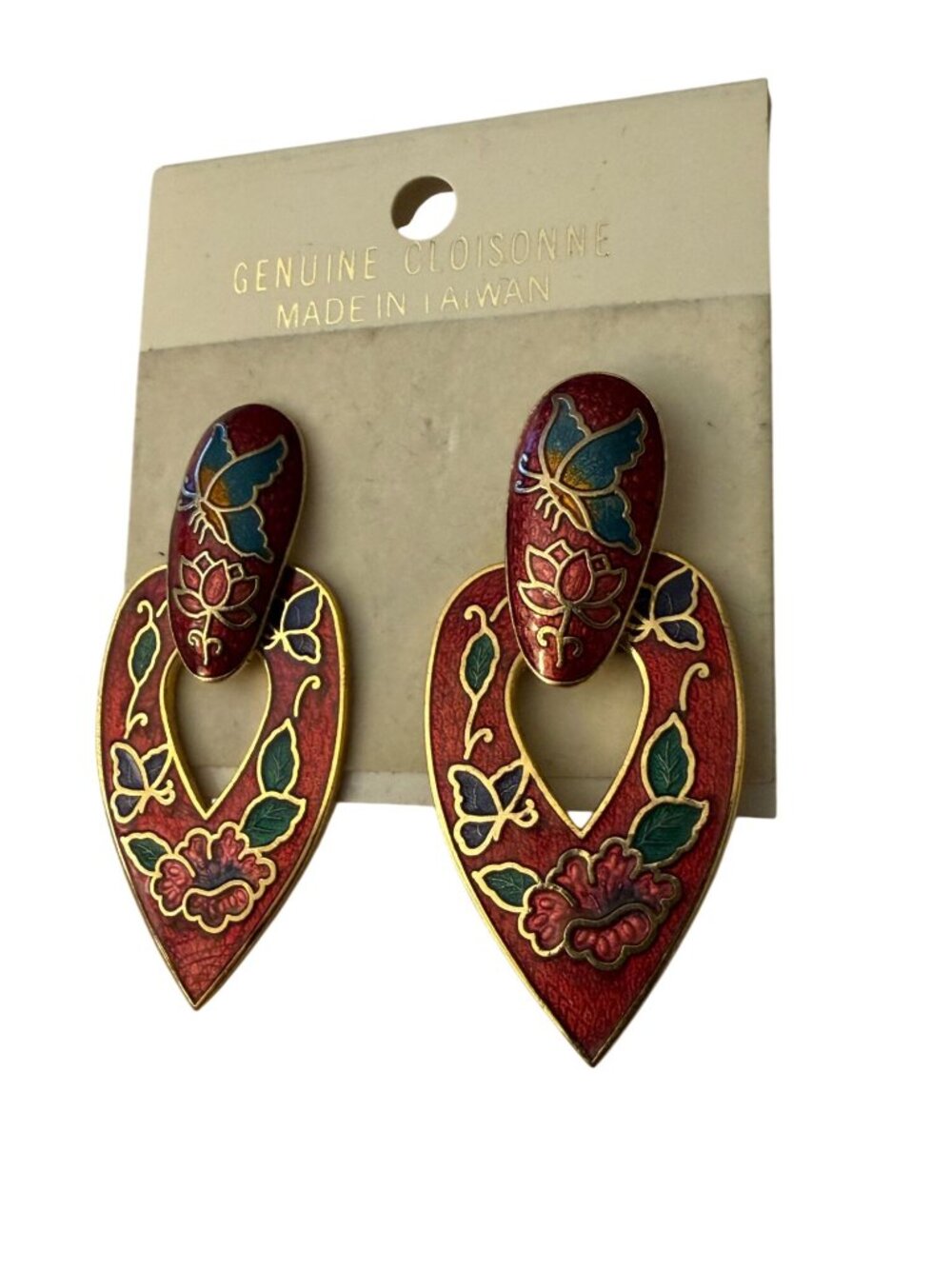 Vintage Cloisonné Earrings With Butterfly & Floral Design Red & Gold Clip-On Mad